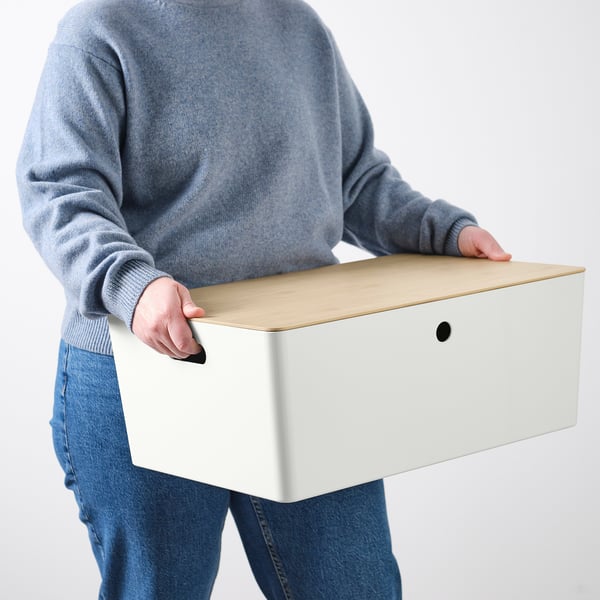 KUGGIS box with lid, white/bamboo, 37x54x21 cm