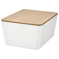 KUGGIS box with lid, white/bamboo, 13x18x8 cm