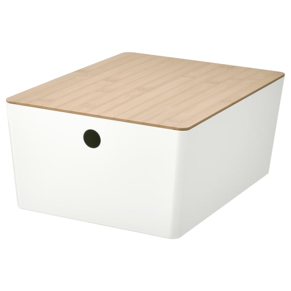 KUGGIS box with lid, white/bamboo, 26x35x15 cm