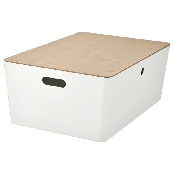 KUGGIS box with lid, white/bamboo, 37x54x21 cm