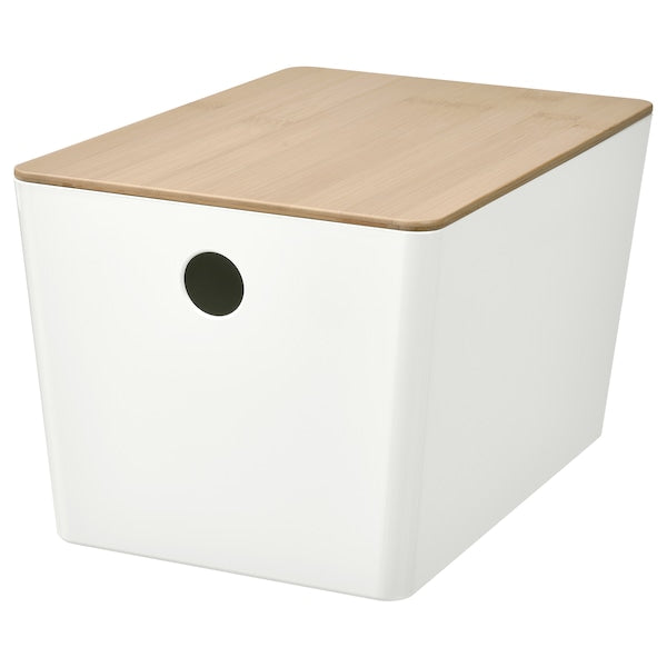 KUGGIS box with lid, white/bamboo, 18x26x15 cm