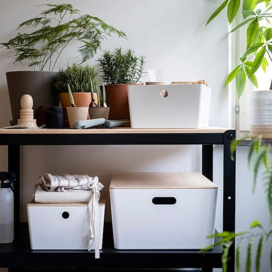 Ikea KUGGIS - Box with lid, white/bamboo, 26x35x15 cm