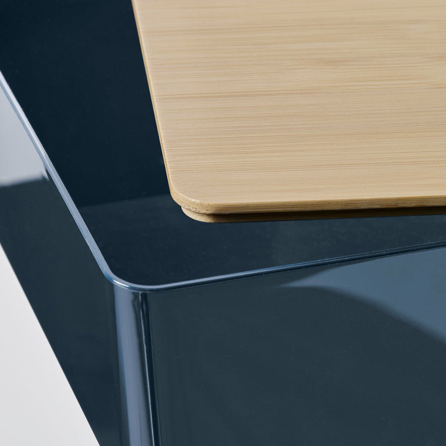 KUGGIS box with lid, black-blue/bamboo, 18x8x26 cm