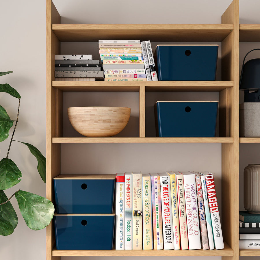 KUGGIS box with lid, black-blue/bamboo, 26x15x35 cm