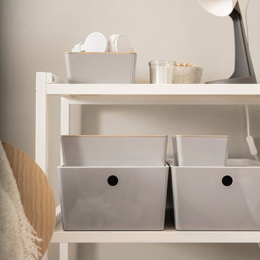 KUGGIS box with lid, light grey/bamboo, 13x18x8 cm
