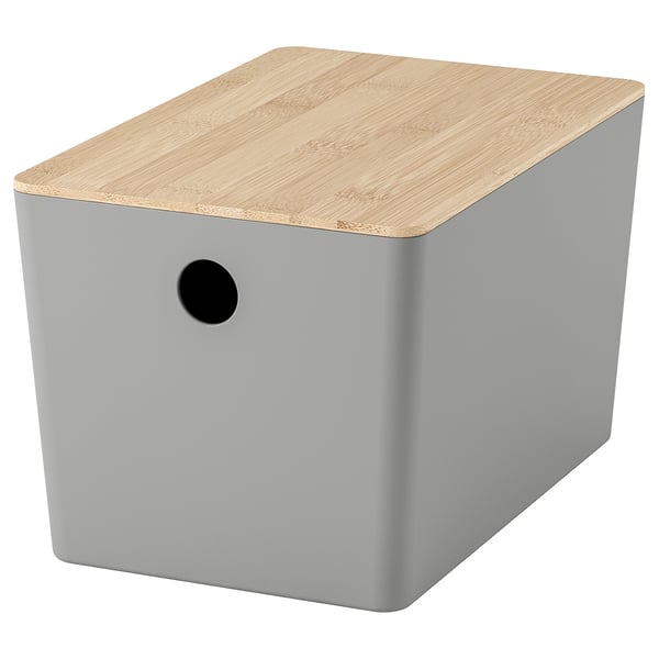 KUGGIS box with lid, light grey/bamboo, 18x26x15 cm