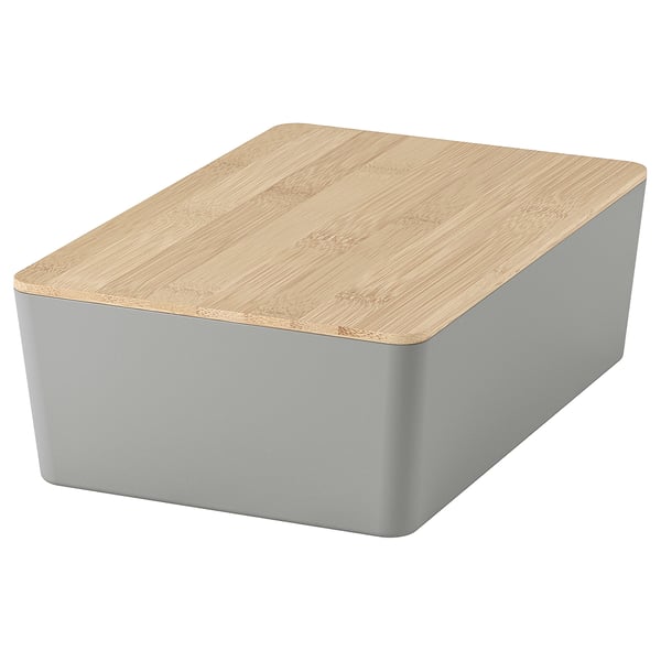 KUGGIS box with lid, light grey/bamboo, 18x26x8 cm