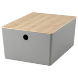 KUGGIS box with lid, light grey/bamboo, 26x35x15 cm