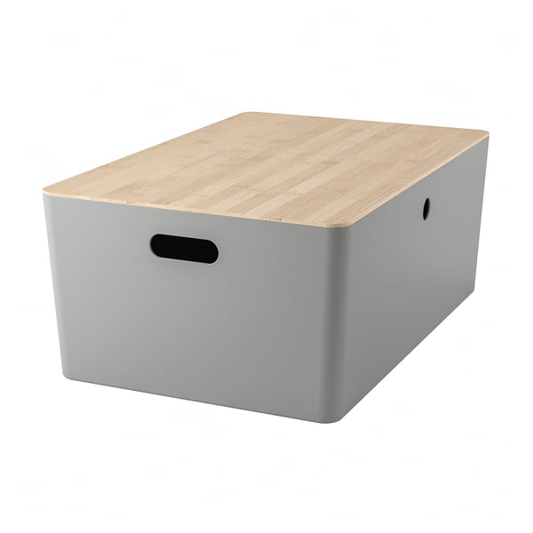 KUGGIS box with lid, light grey/bamboo, 37x54x21 cm