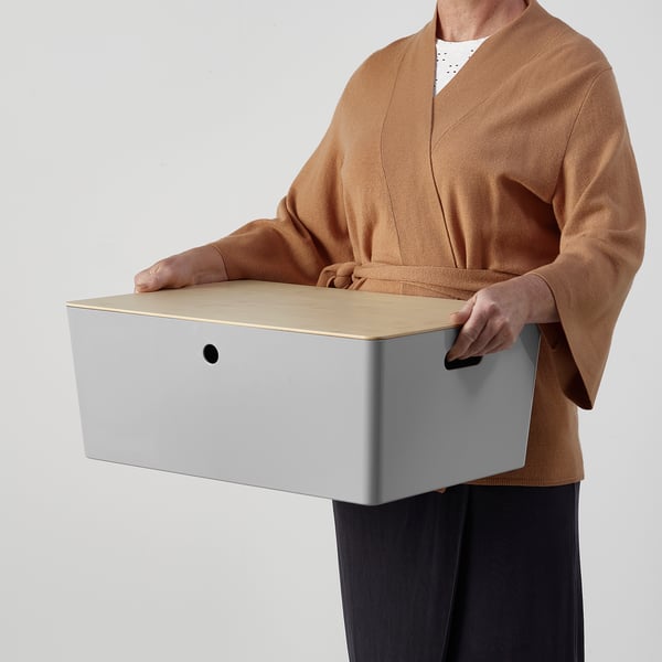 KUGGIS box with lid, light grey/bamboo, 37x54x21 cm