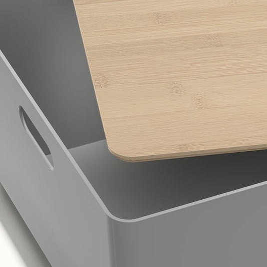 KUGGIS box with lid, light grey/bamboo, 37x54x21 cm