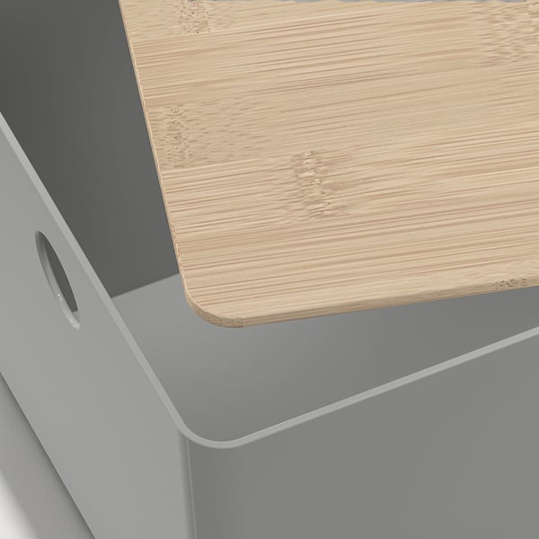 KUGGIS box with lid, light grey/bamboo, 18x26x15 cm