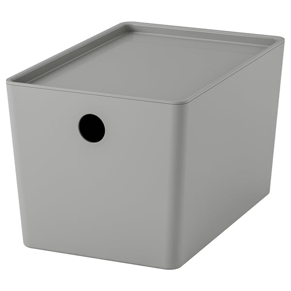 KUGGIS box with lid, light grey, 18x26x15 cm