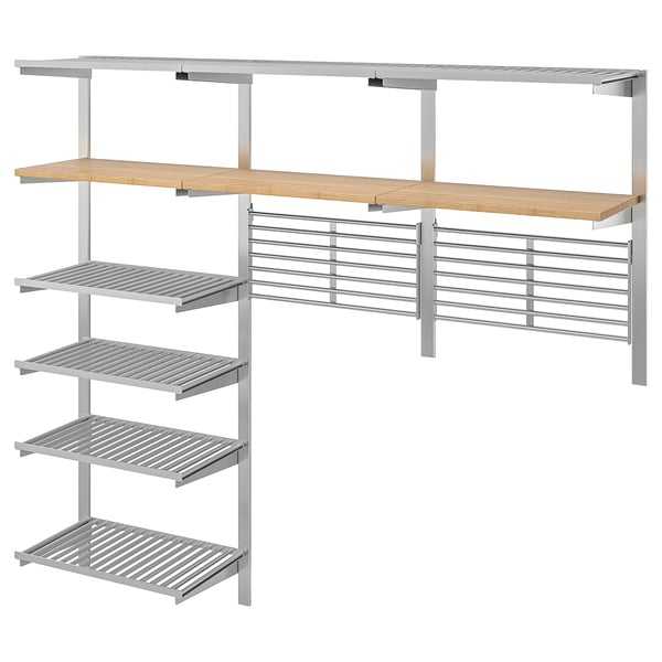KUNGSFORS suspension rail w shelves/wll grids, stainless steel/bamboo, 184x160x32 cm