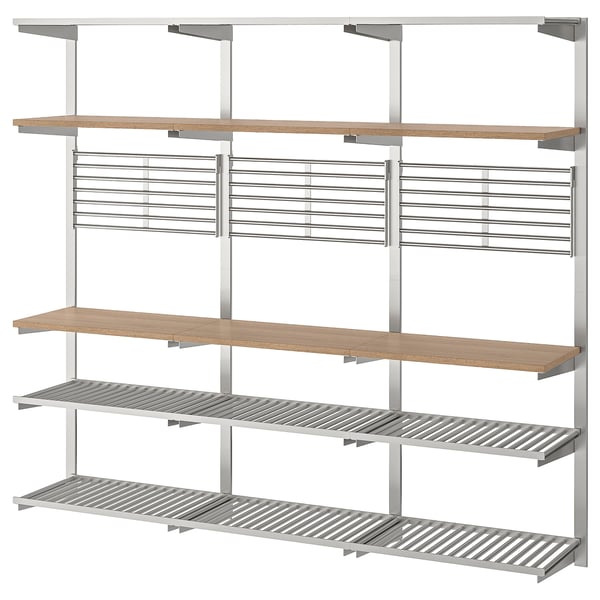 KUNGSFORS suspension rail with shelf/wll grid, stainless steel/ash, 184x160x32 cm