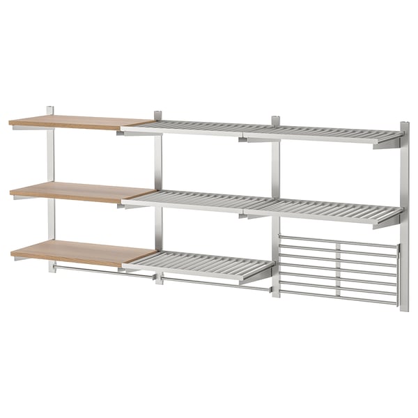 KUNGSFORS susp rail/shelf/rail/wall grid, stainless steel/ash veneer, 184x80x32 cm