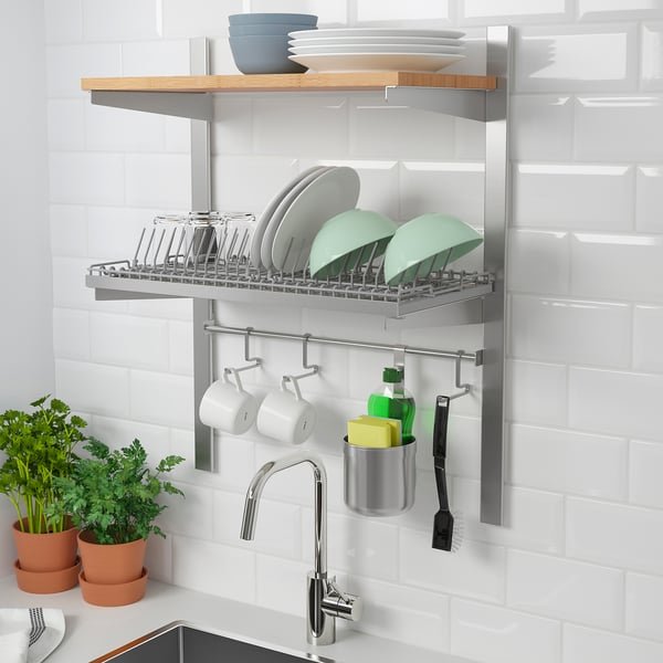 KUNGSFORS susp rail w shelf/rail/dish dra, stainless steel/ash, 64x80x32 cm