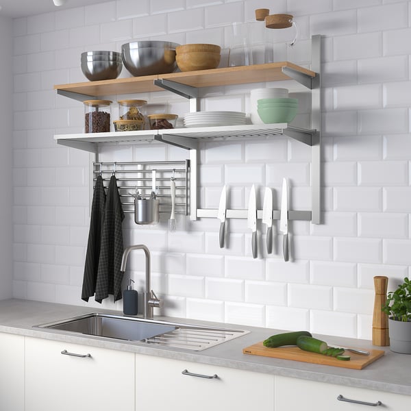 KUNGSFORS susp rail/shlf/mgnt knf rk/wll grid, stainless steel/ash veneer, 124x80x32 cm
