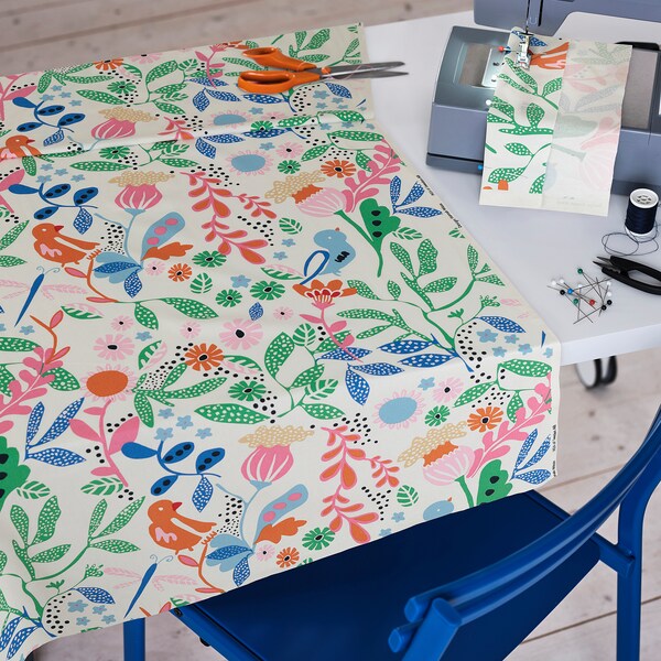 KUNGSLJUSMAL pre-cut fabric, multicolour/bird floral pattern