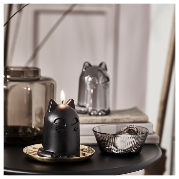 KUSTFYR unscented candle, cat black, 12 cm