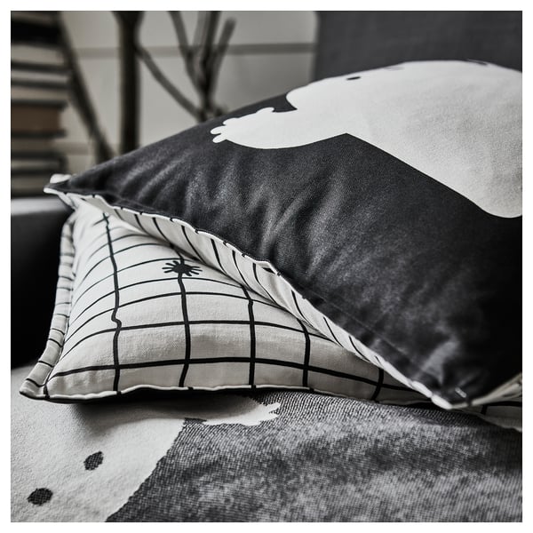 KUSTFYR cushion cover, ghost pattern white/black, 50x50 cm