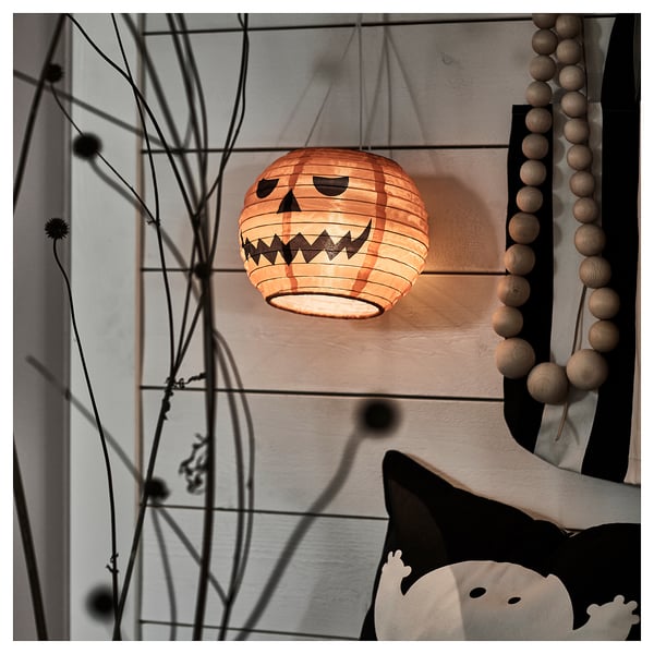 KUSTFYR LED pendant lamp, pumpkin/battery-operated outdoor, 22 cm