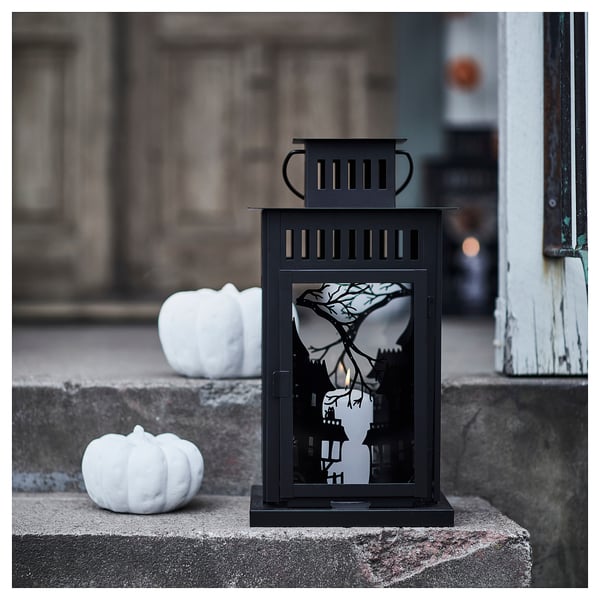KUSTFYR lantern for pillar candle, in/out, black, 44 cm