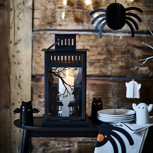 KUSTFYR lantern for pillar candle, in/out, black, 44 cm
