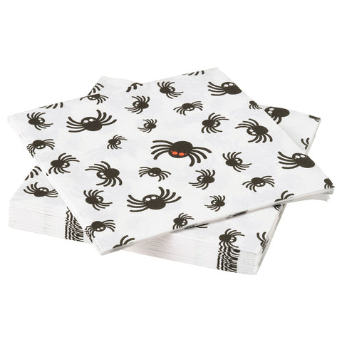 KUSTFYR paper napkin, spider pattern white/black, 33x33 cm, 30 pack
