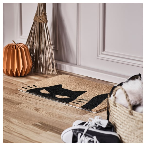 KUSTFYR door mat, cat pattern black/natural, 40x60 cm