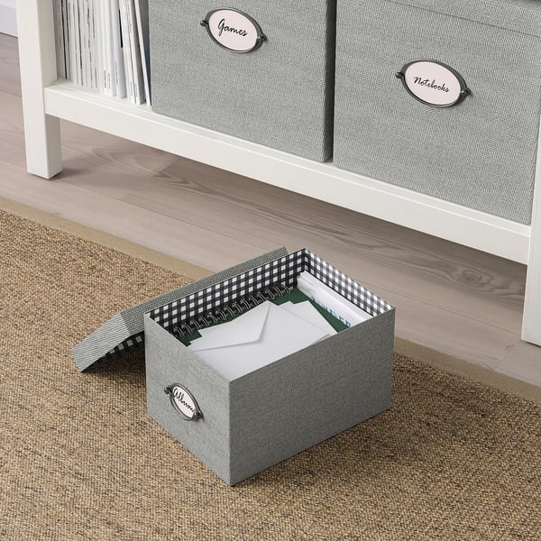 KVARNVIK storage box with lid, grey, 18x25x15 cm