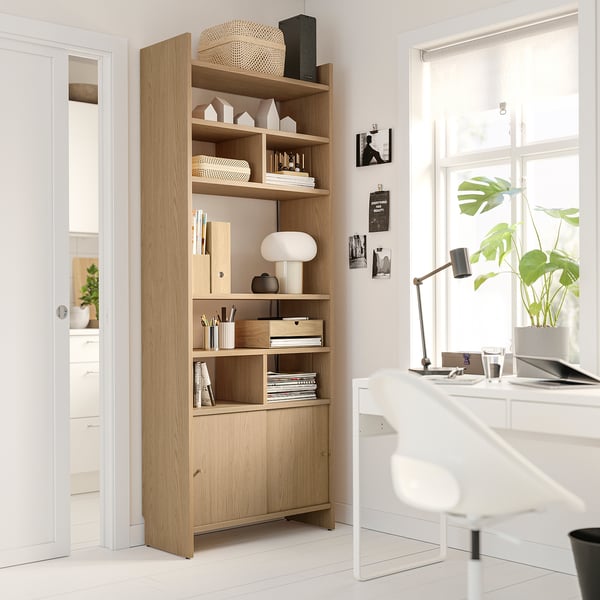 LÅDMAKARE storage combination w sliding doors, with 2 shelf inserts/oak effect, 81x35x212 cm