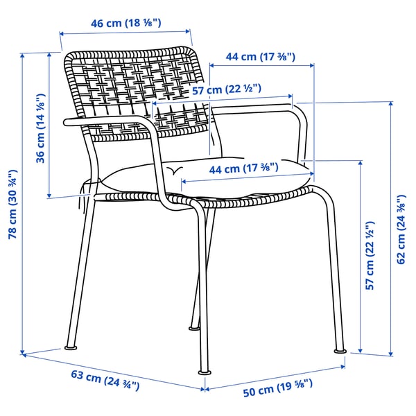 LÄCKÖ chair with armrests, outdoor, dark grey/Klösan blue, 44x78x67 cm