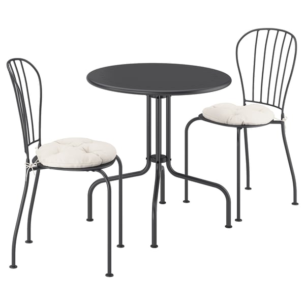 LÄCKÖ table+2 chairs, outdoor, grey/Kuddarna light grey-beige, 70 cm