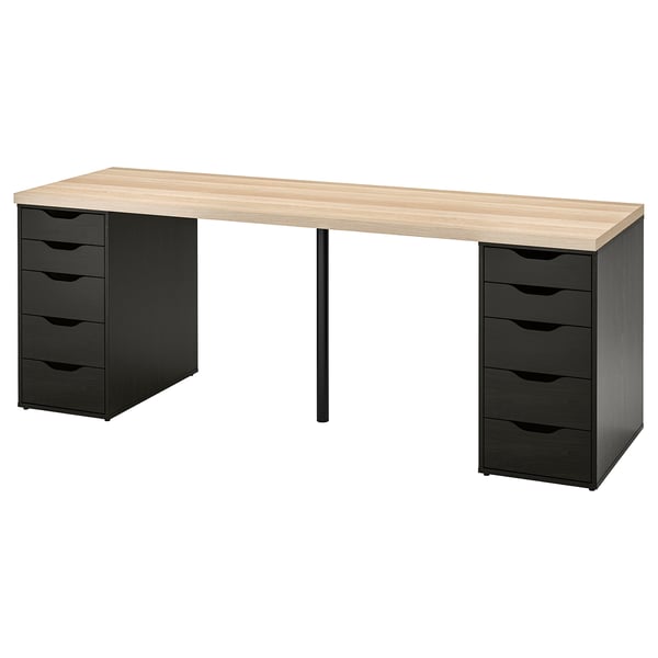 LAGKAPTEN / ALEX desk, white stained oak effect/black-brown, 200x60 cm