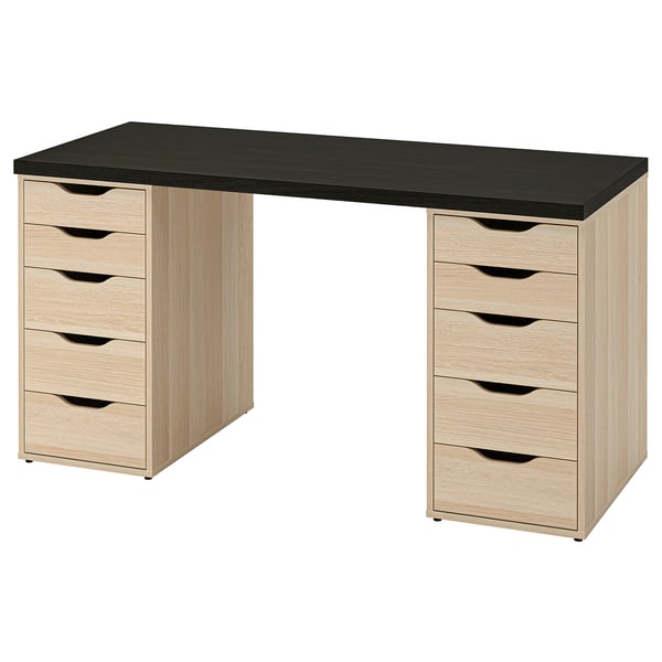 LAGKAPTEN / ALEX desk, black-brown/white stained oak effect, 140x60 cm