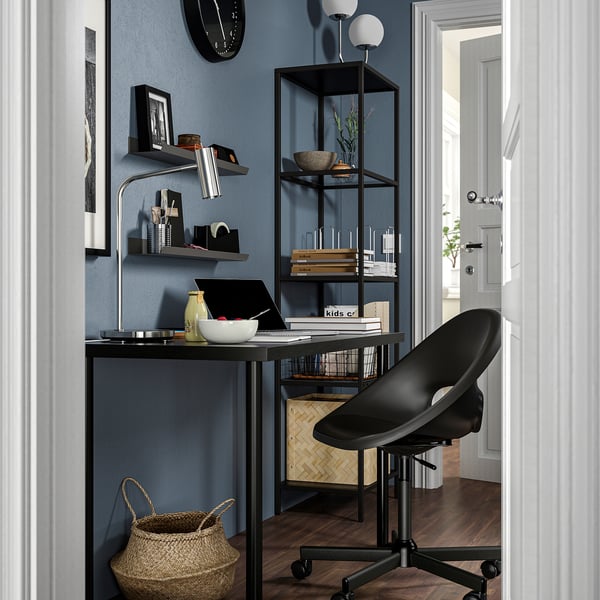 LAGKAPTEN/ELDBERGET / VITTSJÖ desk and storage combination, and swivel chair black-brown/dark grey