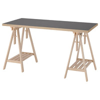 LAGKAPTEN / MITTBACK desk, grey/wood effect birch, 140x60 cm