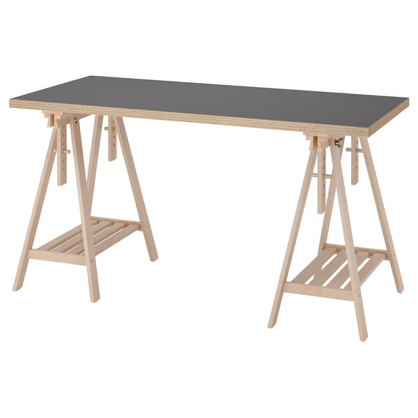 LAGKAPTEN / MITTBACK desk, grey/wood effect birch, 140x60 cm