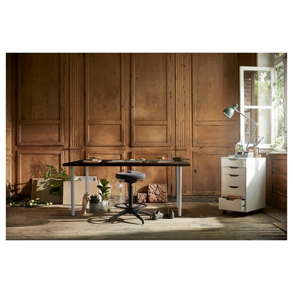 LAGKAPTEN / OLOV desk, black-brown/white, 140x60 cm