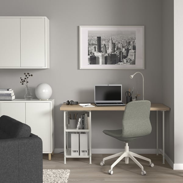 LAGKAPTEN / SPÄND desk, white stained oak effect/white, 140x60 cm