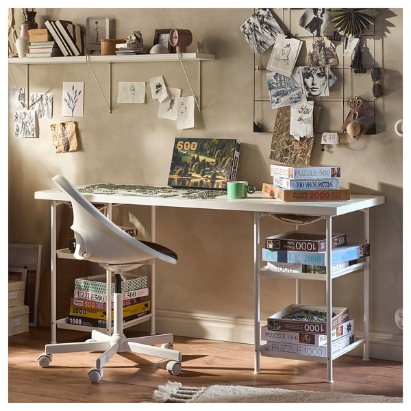 LAGKAPTEN / SPÄND desk, grid multicolour/white, 140x60 cm