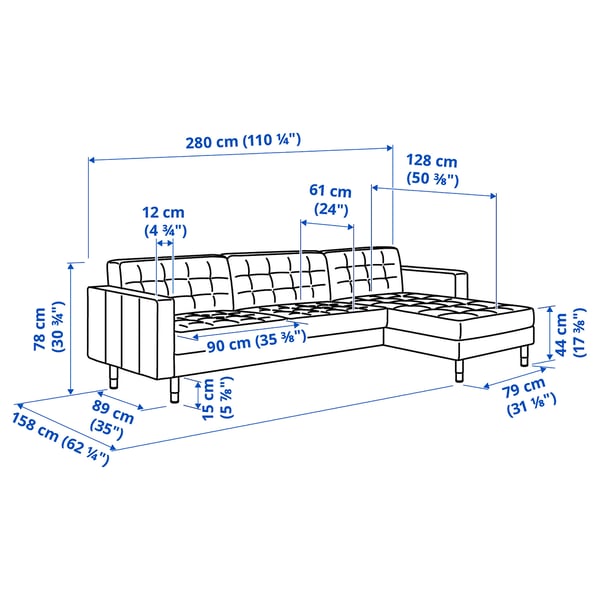 LANDSKRONA 4-seat sofa, with chaise longue/Grann/Bomstad black/metal, 12x15x89 cm