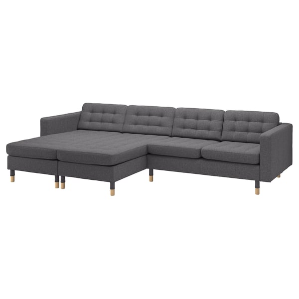 LANDSKRONA 4-seat sofa with chaise longues, Gunnared dark grey/wood, 320x64x158 cm