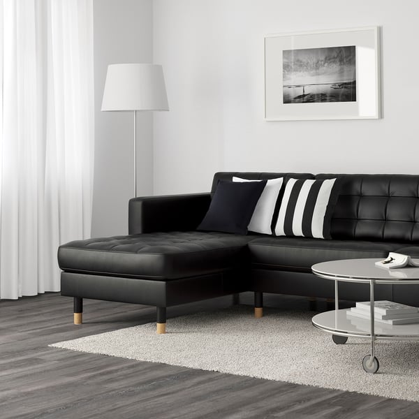 LANDSKRONA 5-seat sofa, with chaise longues/Grann/Bomstad black/wood, 360x78 cm
