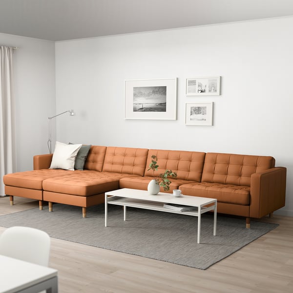 LANDSKRONA 5-seat sofa, with chaise longues/Grann/Bomstad golden-brown/wood, 360x78 cm