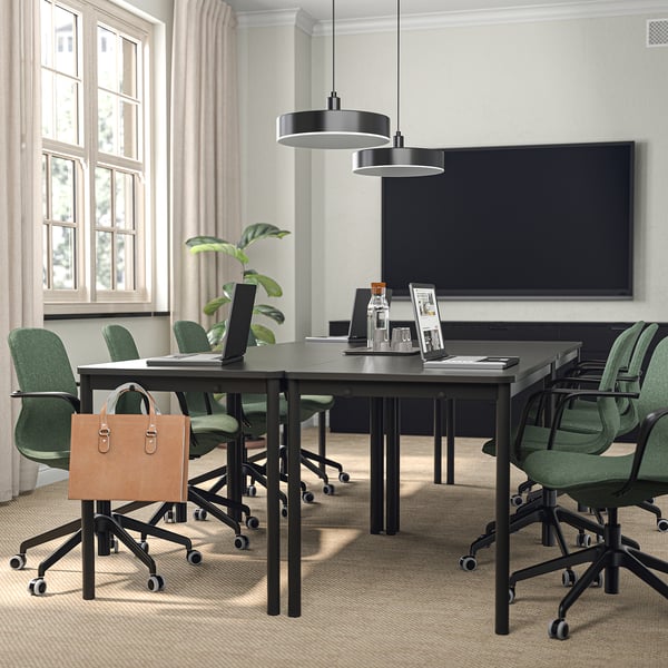 LÅNGFJÄLL conference chair with armrests, Gunnared green-grey/black, 53x92x68 cm