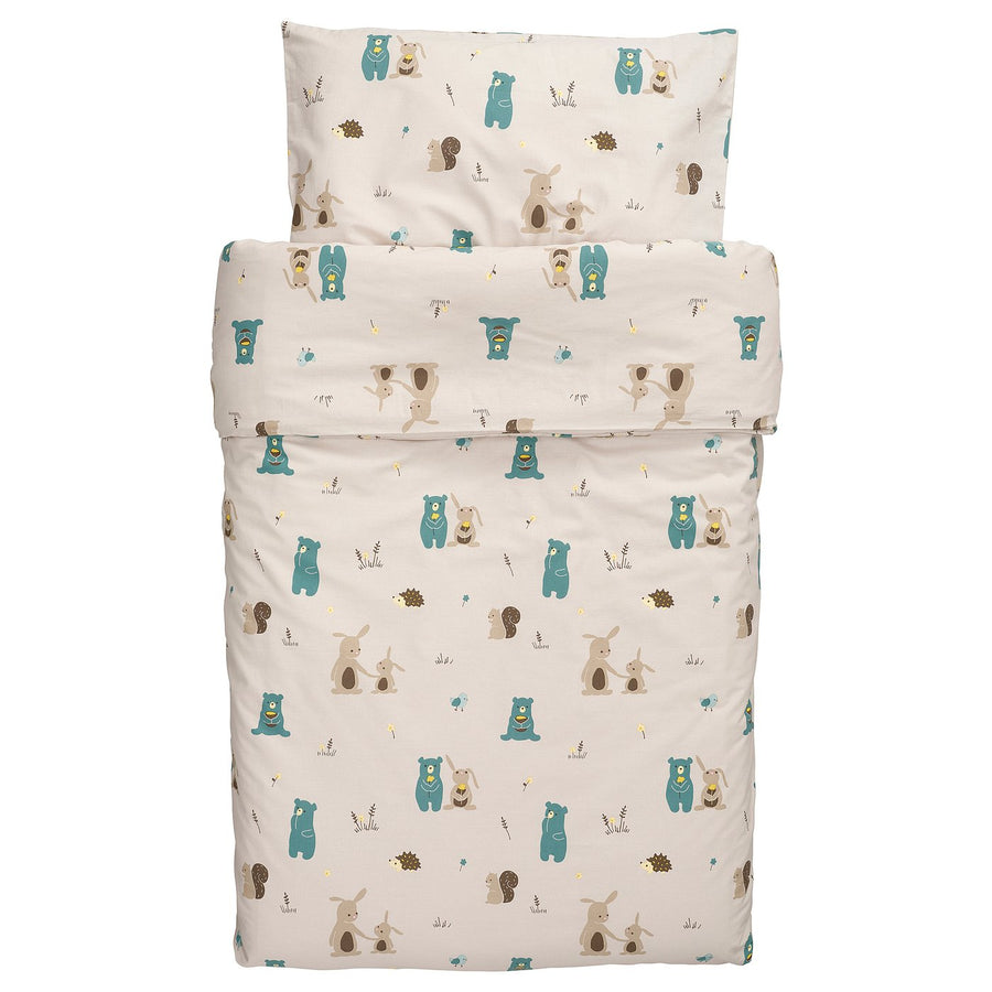 LEN duvet cover 1 pillowcase for cot, beige/bunny and bear pattern, 110x125/35x55 cm