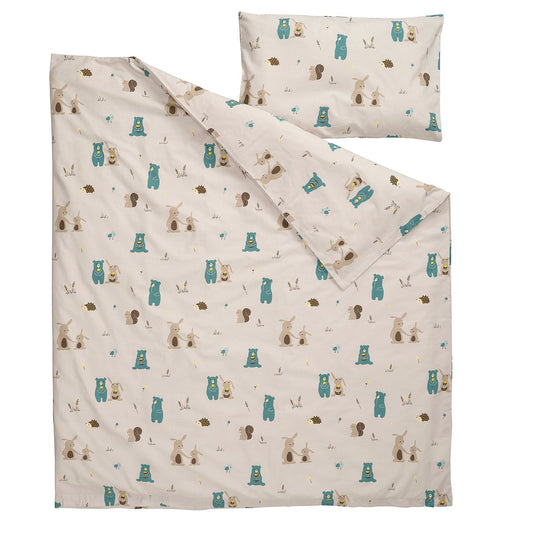 LEN duvet cover 1 pillowcase for cot, beige/bunny and bear pattern, 110x125/35x55 cm