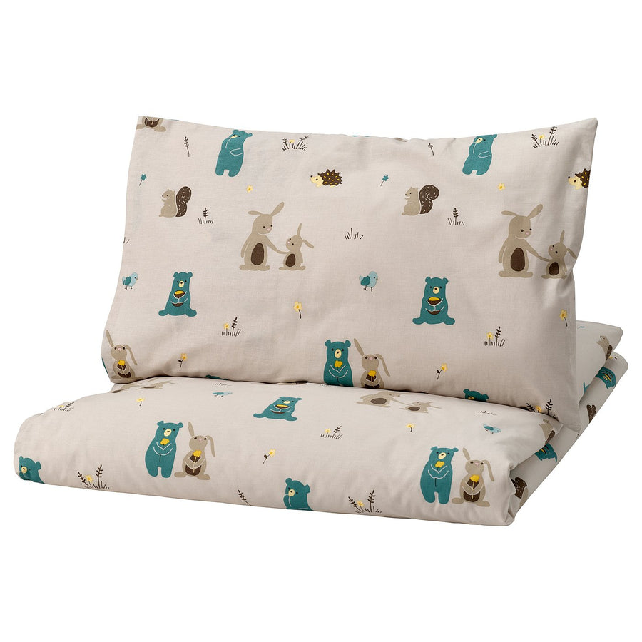 LEN duvet cover 1 pillowcase for cot, beige/bunny and bear pattern, 110x125/35x55 cm
